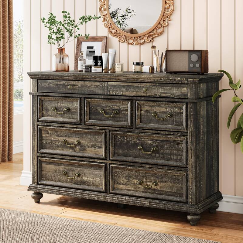 Farmhouse 9 Drawers Dresser for Bedroom, 47" Wide Wood Rustic Chest of 9 Drawers with Metal Handles, Vintage Design