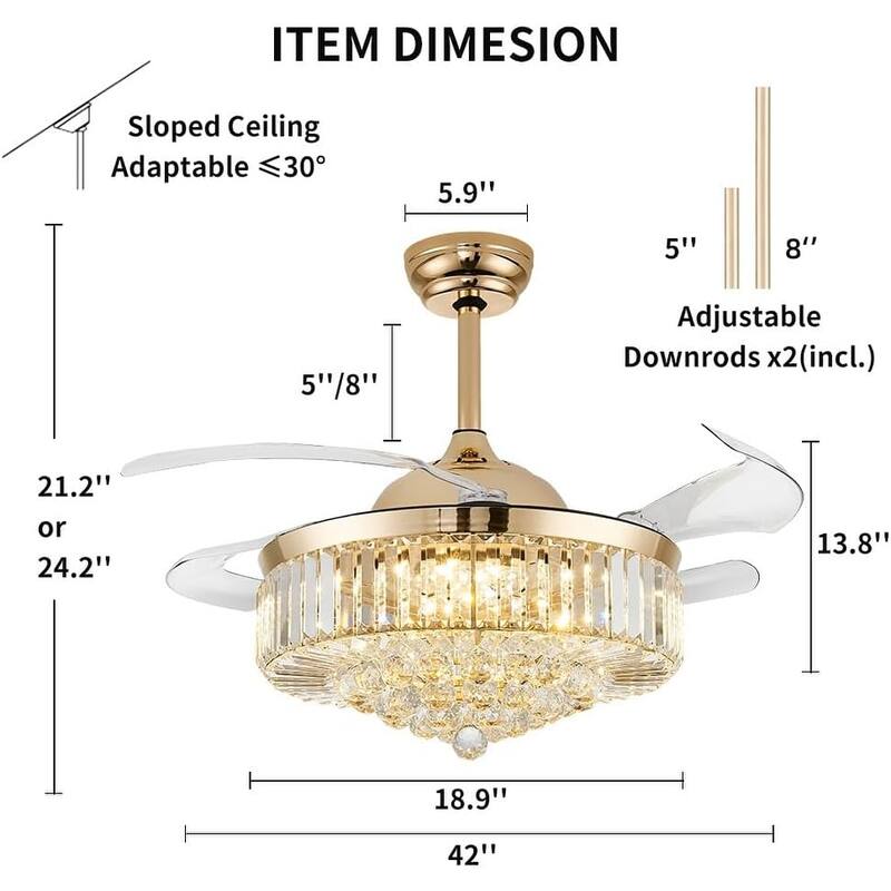 42'' Fandelier Ceiling Fan with Light, Retractable Chandelier Fan LED Dimmable Crystal Ceiling Fan for Bedroom Living Room