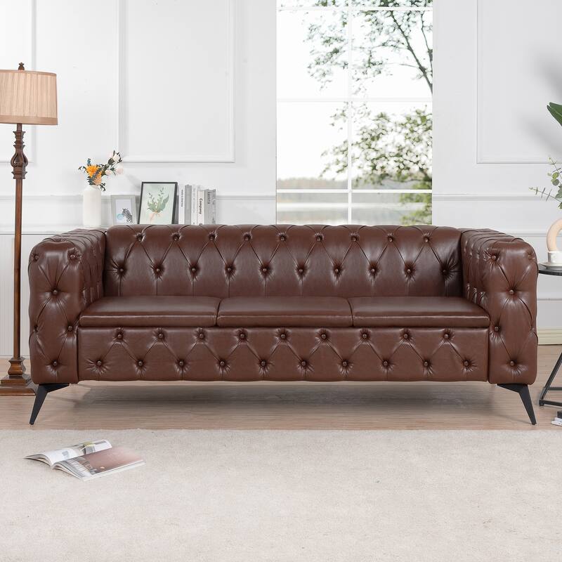 3-Person Sofa with Pull Point Design and Sled-Style Base for Living or Guest Rooms - Brown