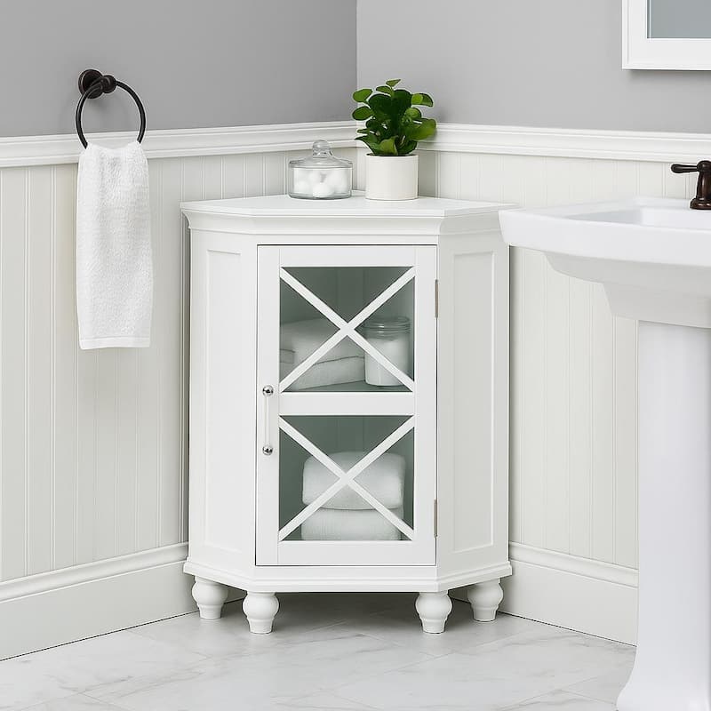 Teamson Home 25" W White Corner Freestanding Floor Cabinet, Tempered Glass Shelves, Adjustable Storage for Bathroom and Kitchen - White
