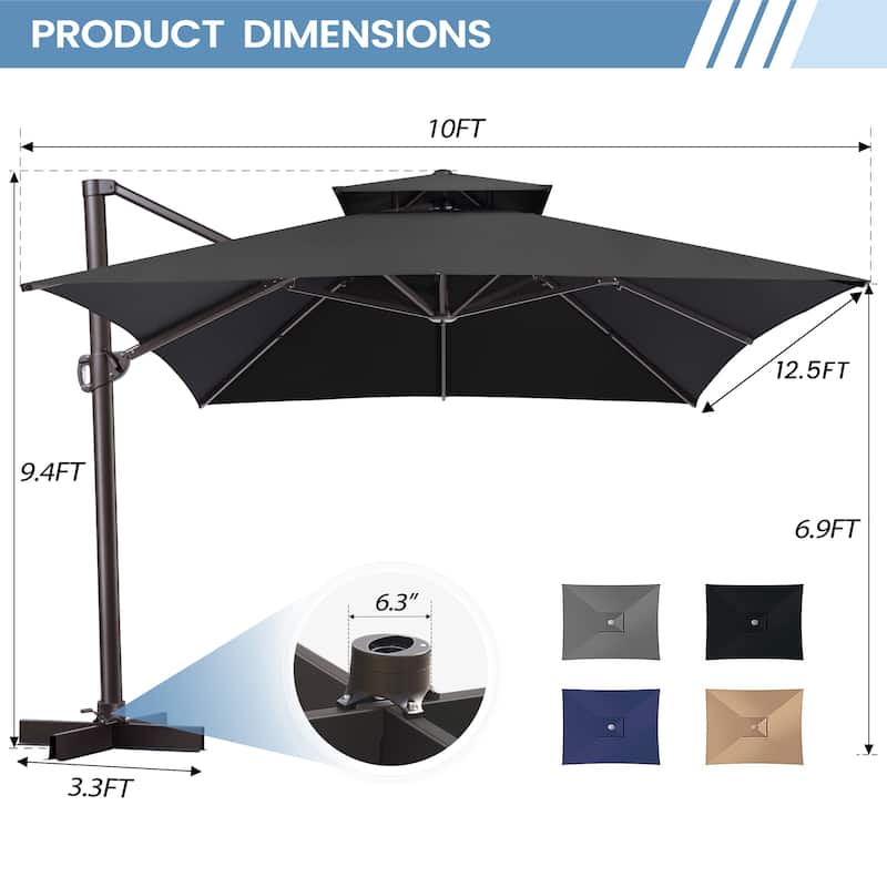 Outdoor 10X12.5 FT Dual Top Patio Offset Umbrella 360 degrees Rotation