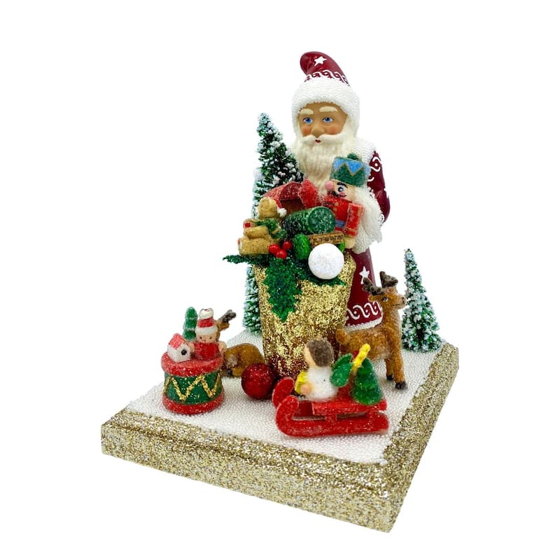 8" Red Green Metallic Gold Santa Red Beaded Coat Schaller Paper Mache