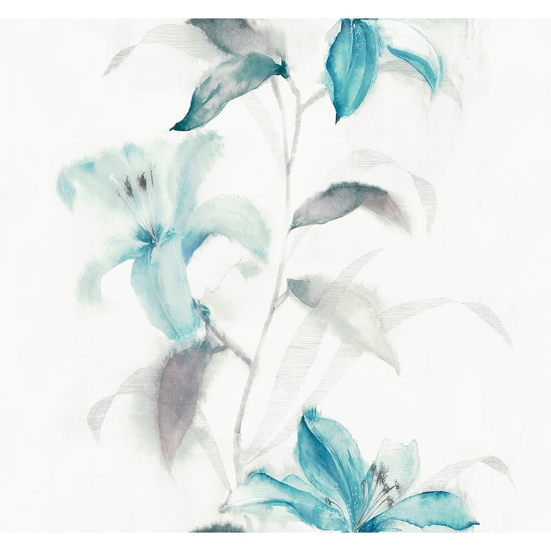 Seabrook Designs Urbana Watercolor Lilies Unpasted Wallpaper - 27 in. W x 27 ft. L - Sky Blue & Metallic Titanium