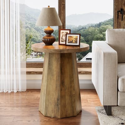 Farmhouse Round End Table, Wooden Couch Side Table with Octagonal Base