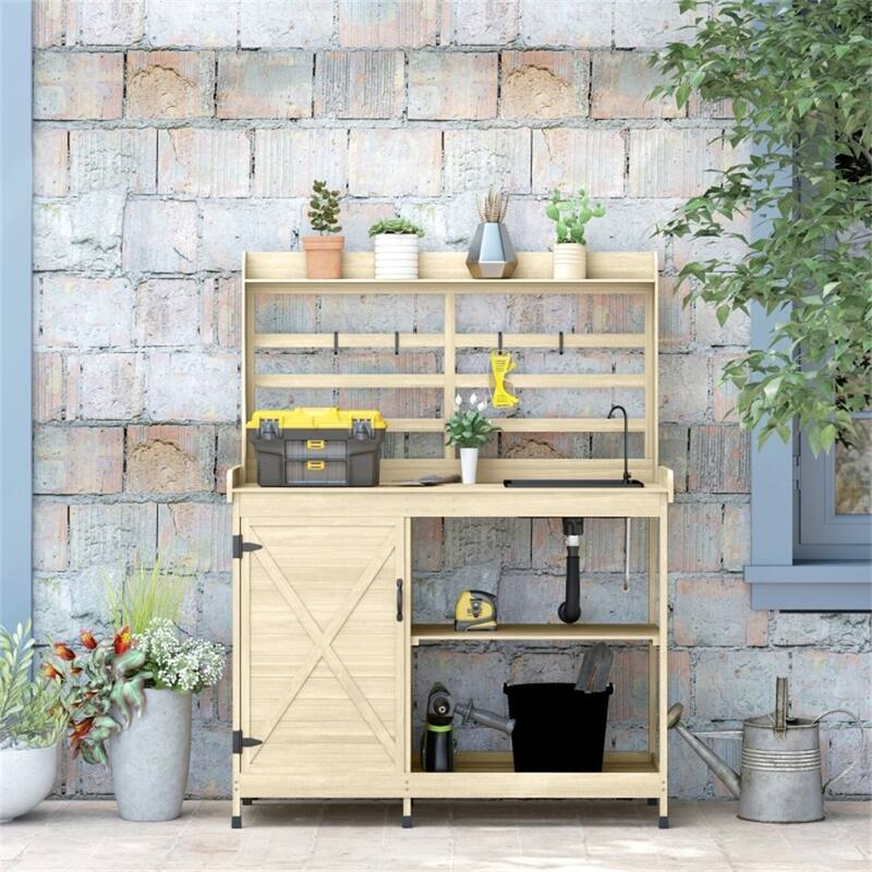 Garden Work Bench with Open Storage Shelves & Country Style Design - 44.1" L x 18.5" W x 57.5" H - Natural