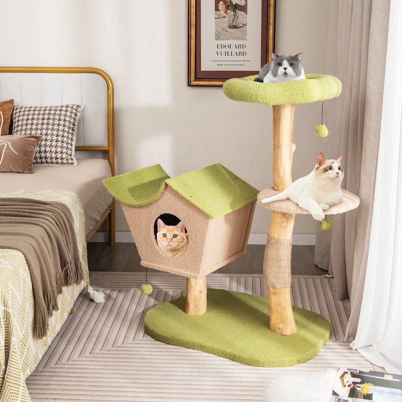 43 Inch Wooden Cat Tree with Padded Top Perch-Green - 31" x 24" x 43"
