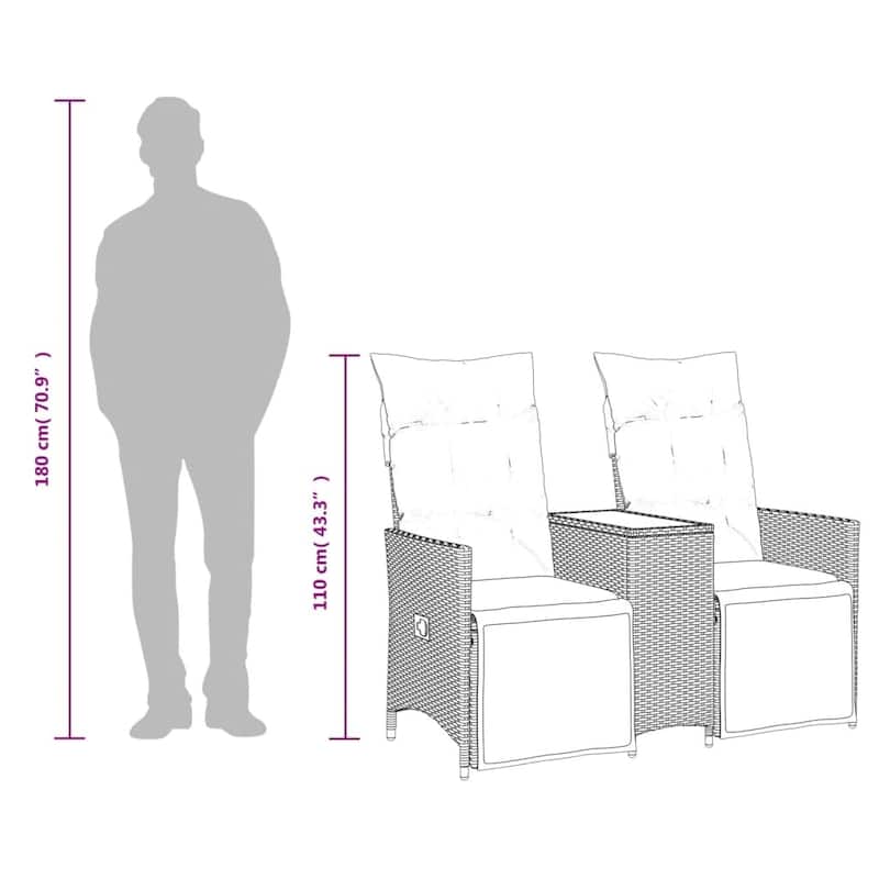 vidaXL Reclining Patio Sofa 2-Seater with Table Loveseat Furniture Poly Rattan - 23.2 x 51.2 x 36.2