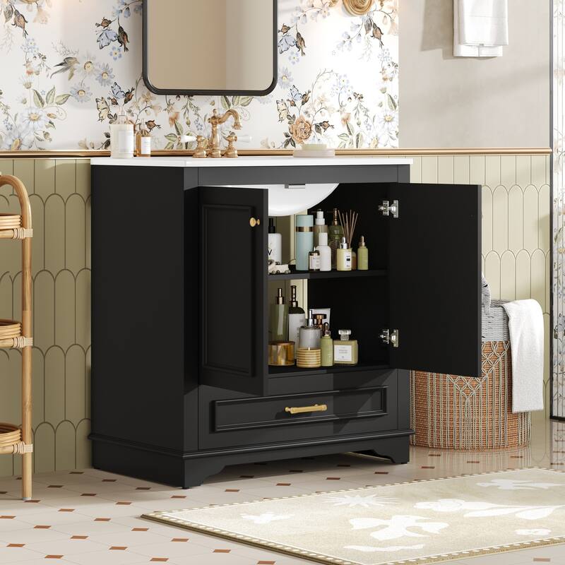Luxurious 30" Bathroom Vanity with Ceramic Sink, 2 Soft Closing Doors & Solid Wood Frame Storage Cabinet