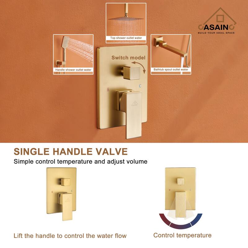 Wall-Mounted Tub Shower Faucets Set with Pre-embedded Valve, 12-inch Square Waterfall Shower Head System(Gold)