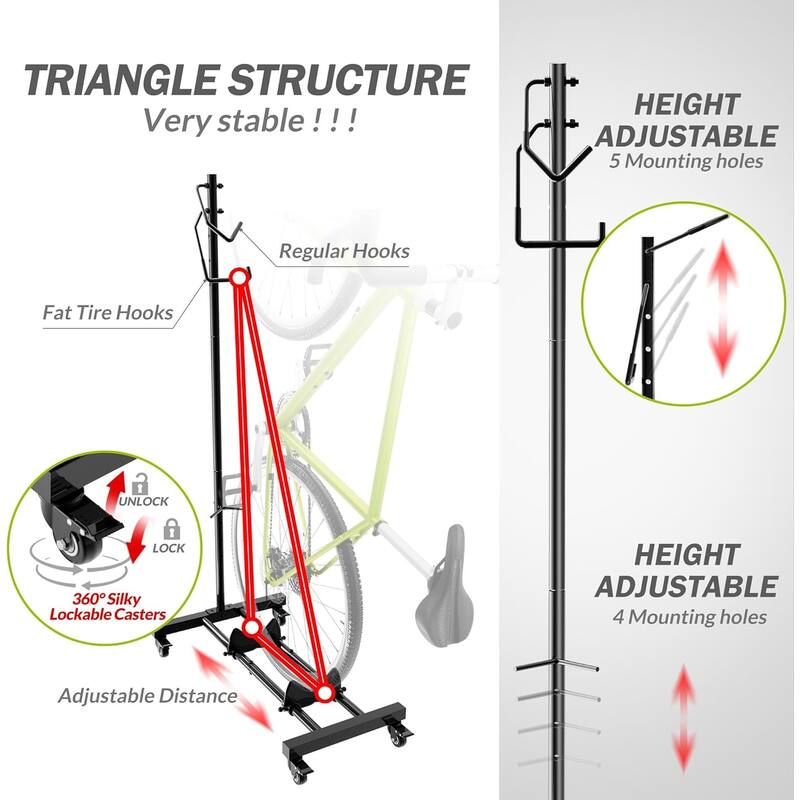 Sttoraboks Upright Bike Stand, Adjustable, 4 rolling wheels, Indoor storage, max 4'' wheel width