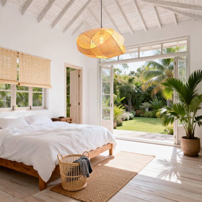 1-Light Personalized Design Rustic Bamboo Hand-Woven Pendant Lamp - 20" W x 59" H