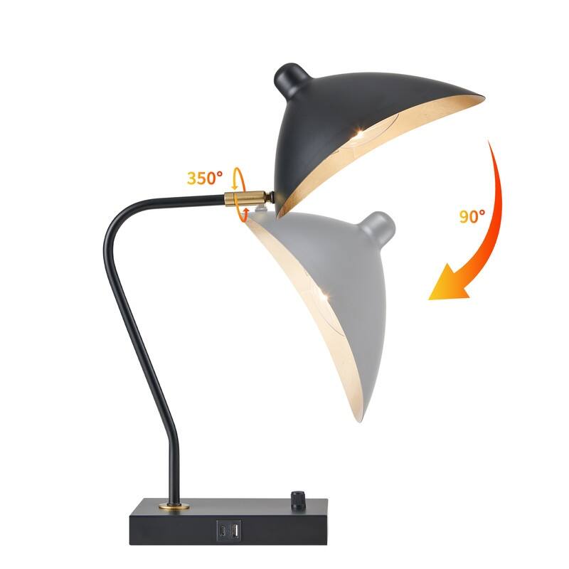 KAWOTI Modern Arched Adjustable Metal Table Lamp with USB Port - L16.25" x W8.63" x H18.25"