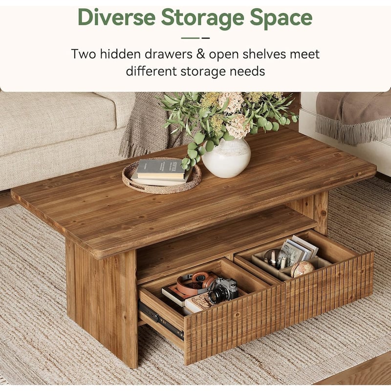 2-Tier 47.24" L Solid Wood Coffee Table with 2 Drawers, Rustic Rectangle Center Tea Table with Open Shelf Storage