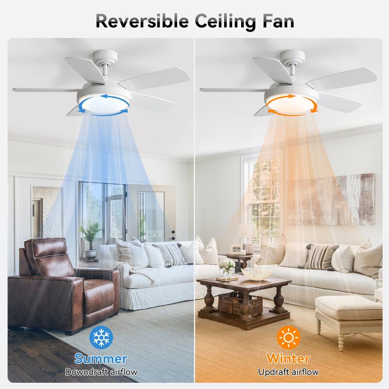 42 Inch White Ceiling Fan with 22W LED Light and Remote Control MDF Blades Reversible DC Motor
