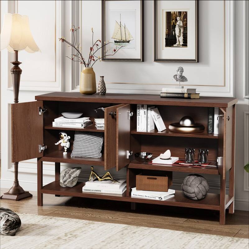 59" Sideboard Buffet Cabinet – Fluted 4-Door Storage, Farmhouse Accent Sideboard Large Console Table for Kitchen or Hallway