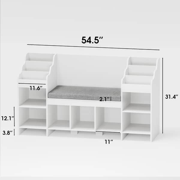 Furniwell Kids Bookshelf with Reading Nook, 2 Seats Wooden Storage Organizer, White