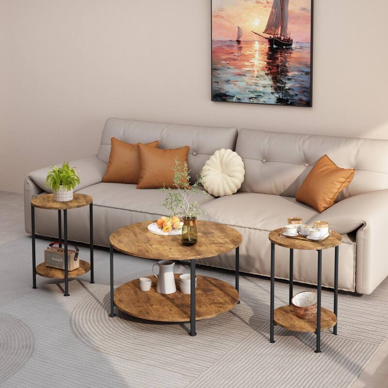 Anmytek Rustic Brown 3 Piece Coffee and End Table Set with Storage Shelves Round Modern Farmhouse Living Room Accent Table Set -  Rustic Brown