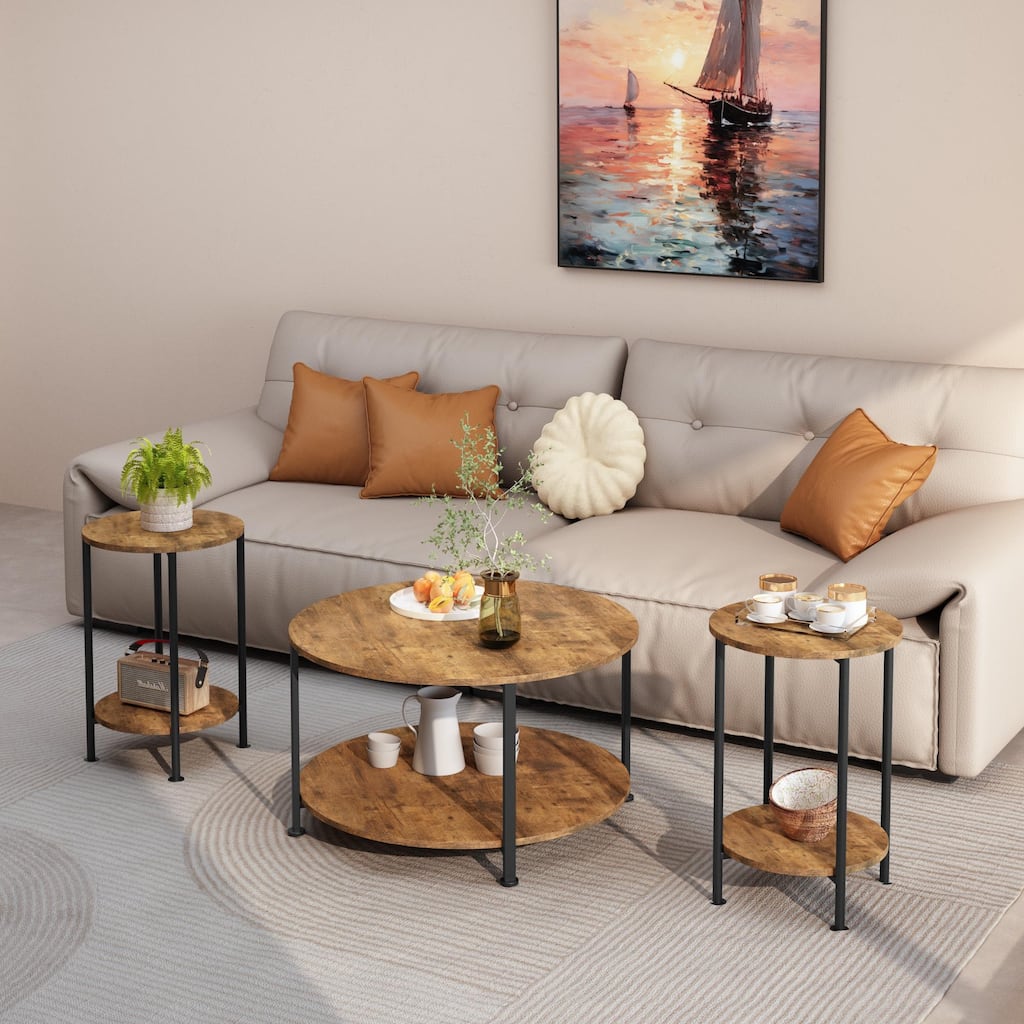 Anmytek Rustic Brown 3 Piece Coffee and End Table Set with Storage Shelves Round Modern Farmhouse Living Room Accent Table Set