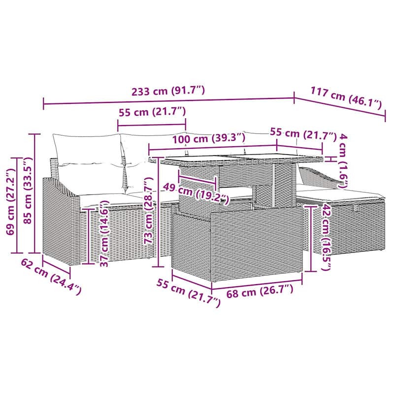 vidaXL 6 Garden Sofa Set with Cushions Black/Brown/Grey Poly Rattan - 91.7 x 46.1 x 27.2