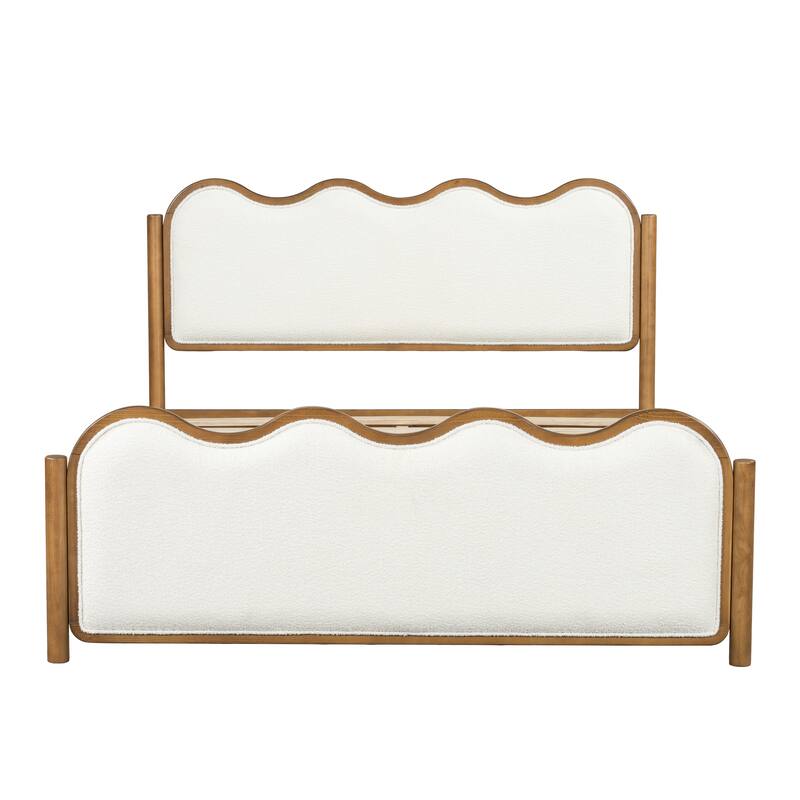 Christopher Knight Home - Modern Upholstered Boucle Bed Frame with Wooden Legs with Wavy Curved Headboard