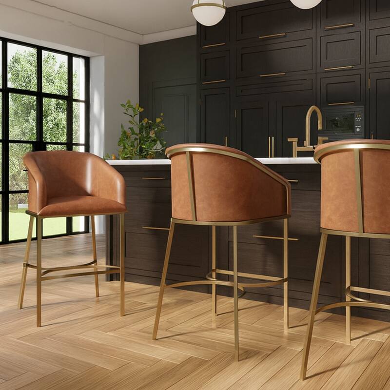 Hampton Modern Bar Stool, Faux Leather and Gold Finish Metal Frame