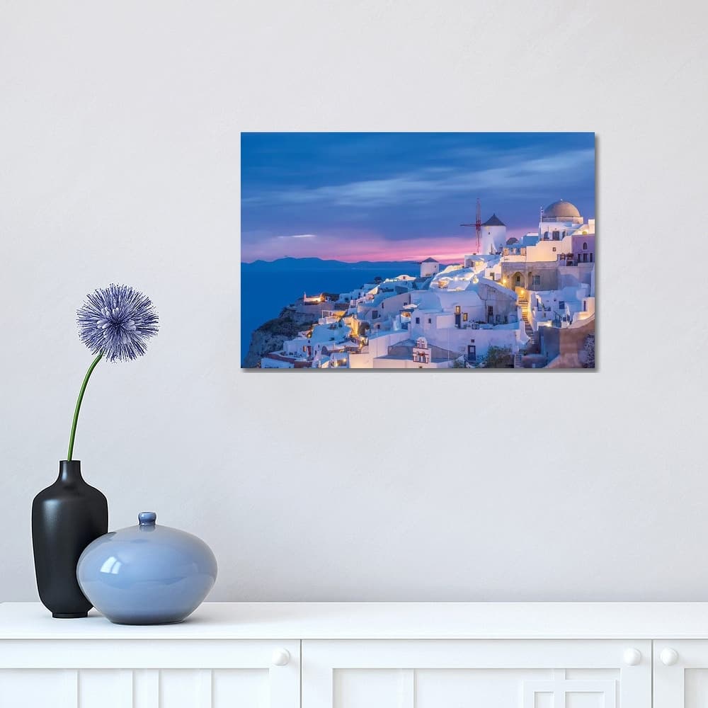 iCanvas "Greece, Oia. Greek Orthodox church and village at sunset." by Jaynes Gallery Canvas Print