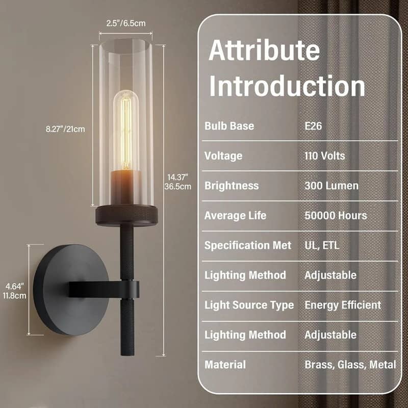 KAYLA Indoor Wall Light, Brass Wall Sconces Lighting Fixture, Bathroom Vanity Wall Sconces, Glass Tube Wall Sconces(2-Sets)