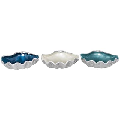 Aluminum Metal Shell Handmade Enameled Decorative Bowl with Textured Silver Bases - Set of 3 Multi Colored - Roche River Decor