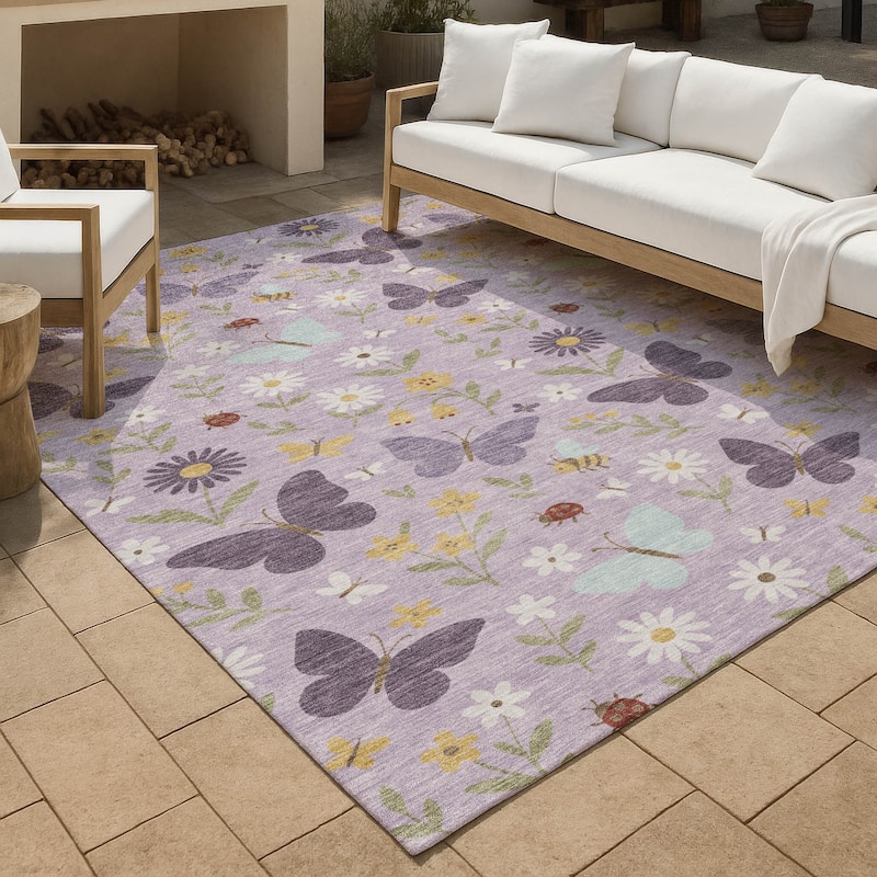 Machine Washable Indoor/ Outdoor Whimsy Butterfly Chantille Rug - Lavender - 10' x 14'