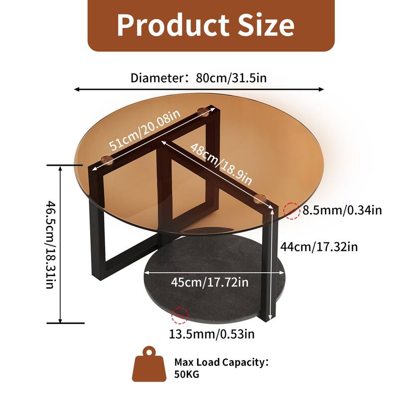 Round Amber-Tinted Tempered Glass Coffee Table Living Room Center Table with 2-Tier