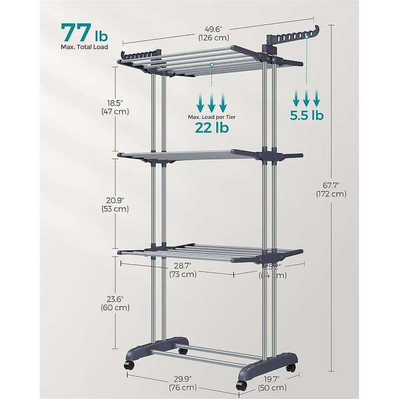 Steel Plastic 4-Tier Drying Rack with Wheels and Foldable Wings - 25"D x 50.4"W x 68.1"H