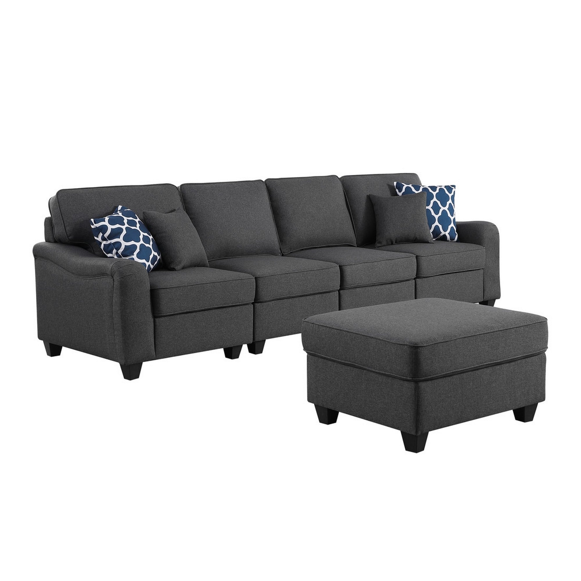 Nid 119 Inch Plush 4 Seater Sofa with Ottoman, 4 Accent Pillows, Dark Gray
