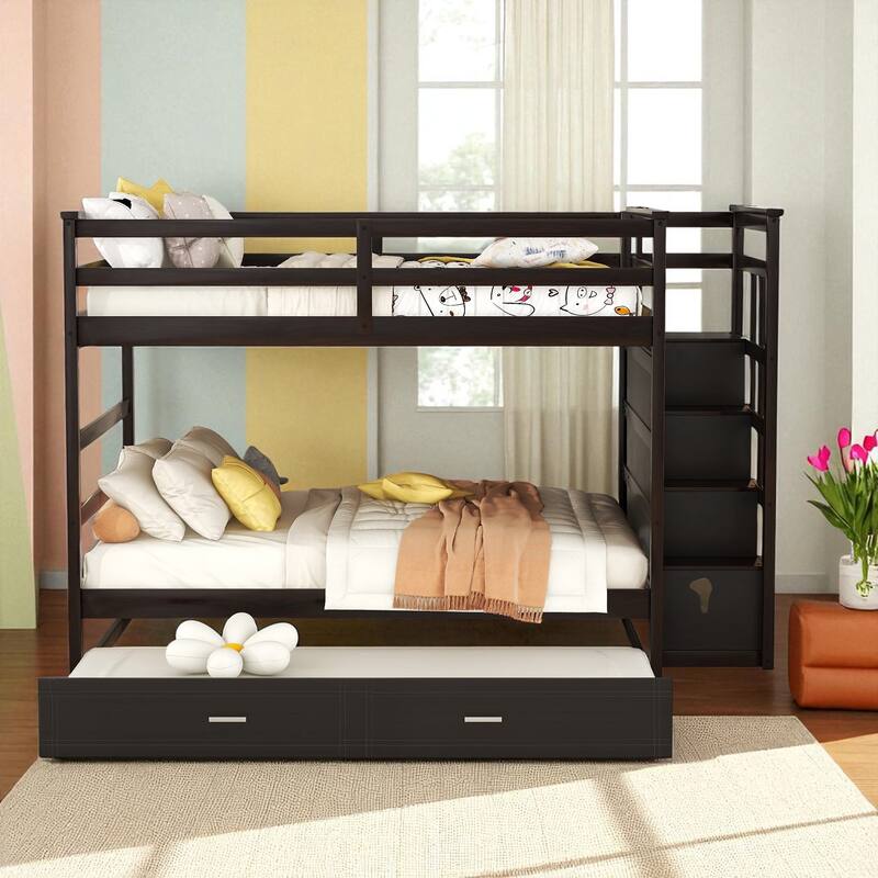 Twin Over Twin Bunk Bed with Trundle and Storage Drawers, Staircase Bunk Frame for Kids and Teens