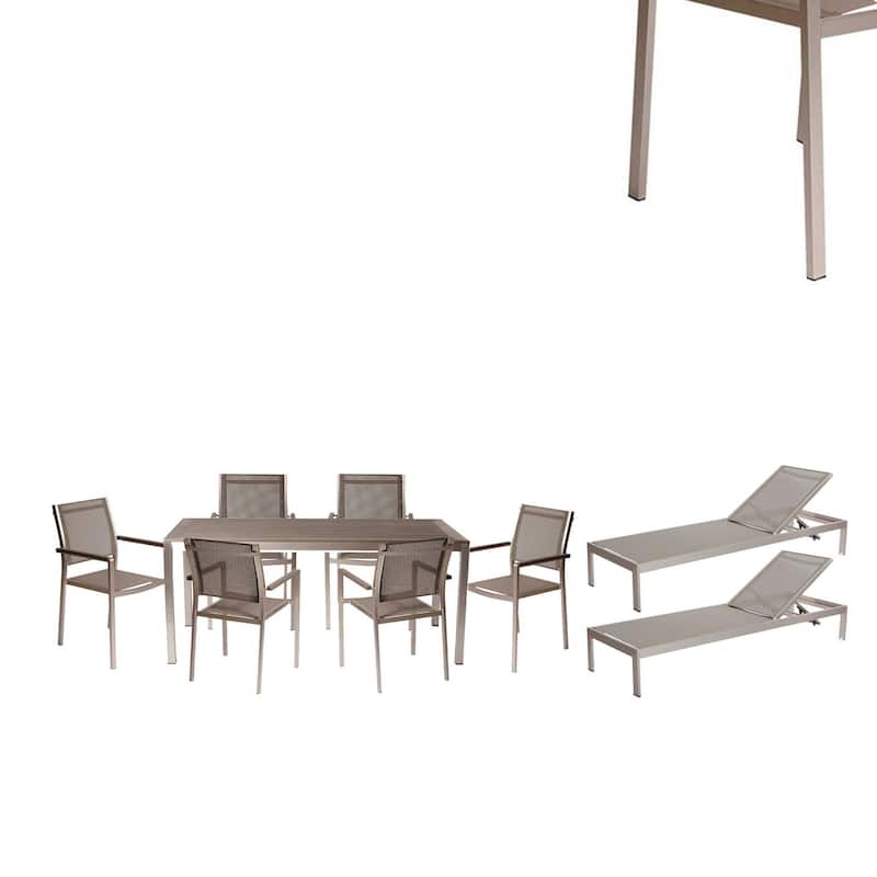 Kris 9 Piece Patio Dining and Lounge Set, Gray Textilene Seating, Aluminum