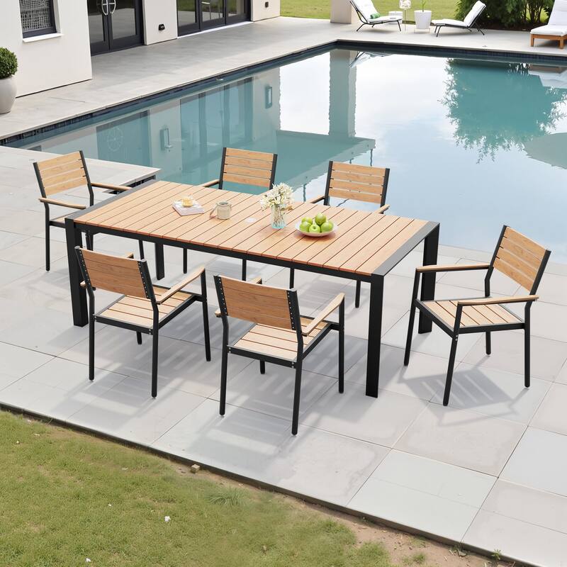 7-Piece Outdoor Patio Dining Set Rectangle Dining Table with Umbrella Hole and Stackable Chairs