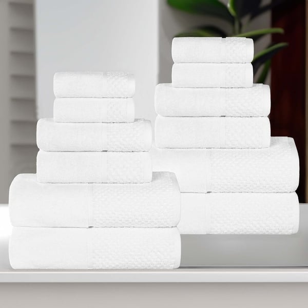 Superior Lodie Cotton Jacquard Solid and Two-Toned 12 Piece Towel Set - White/White