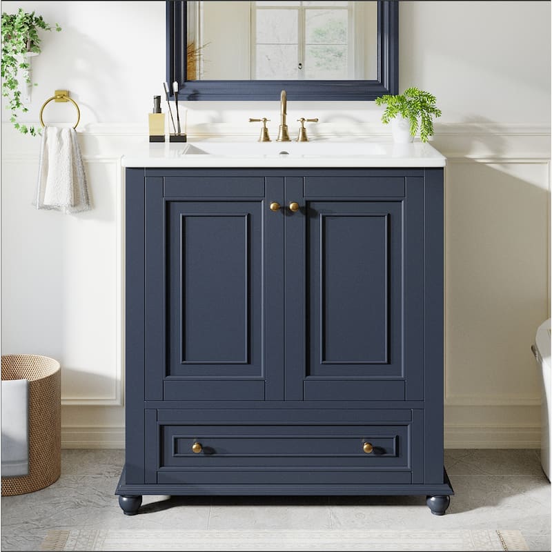 Modern Freestanding Solid Wood Bathroom Vanity with Ceramic Sink, Adjustable Shelf Storage - 30 Inch - Blue