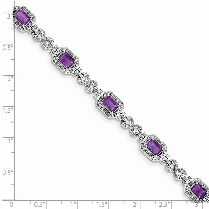 Curata 925 Sterling Silver Textured Polished Box Catch Closure Diamond and Amethyst Bracelet