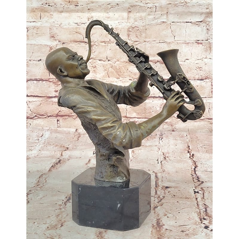 Black African American Saxaphone Player Jazz Musician Bronze Marble Statue 10 Inches X 9 Inches