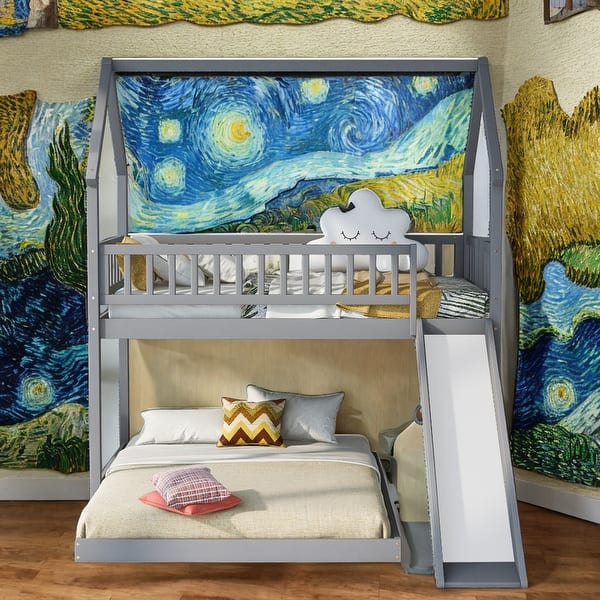 slide 2 of 13, Modern Twin Over Full House Roof Design Bunk Bed With Slide And Built-in Ladder,Full-Length Guardrail Grey