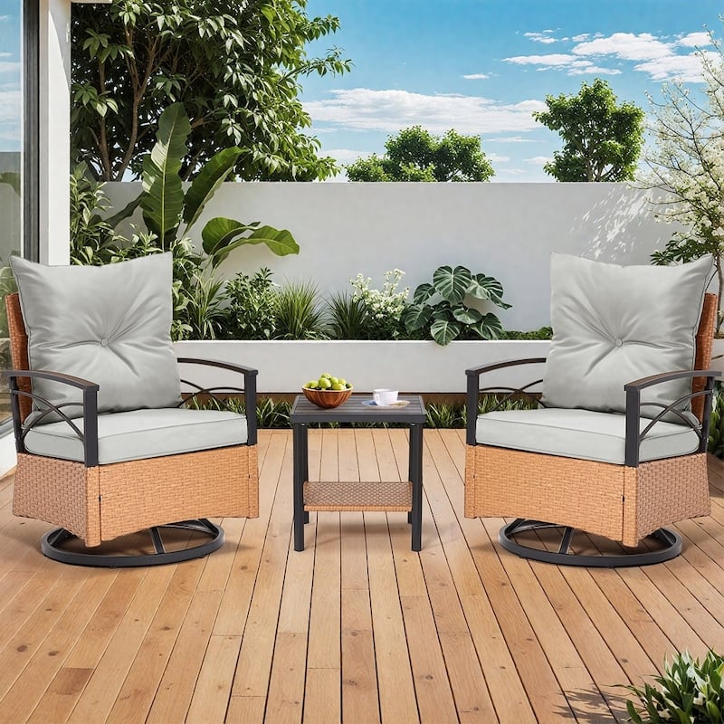 EROMMY 3-Piece Outdoor Rocking/Swivel Chair Set - PE Rattan Patio Furniture with Cushions & Coffee Table, Rocker Chairs