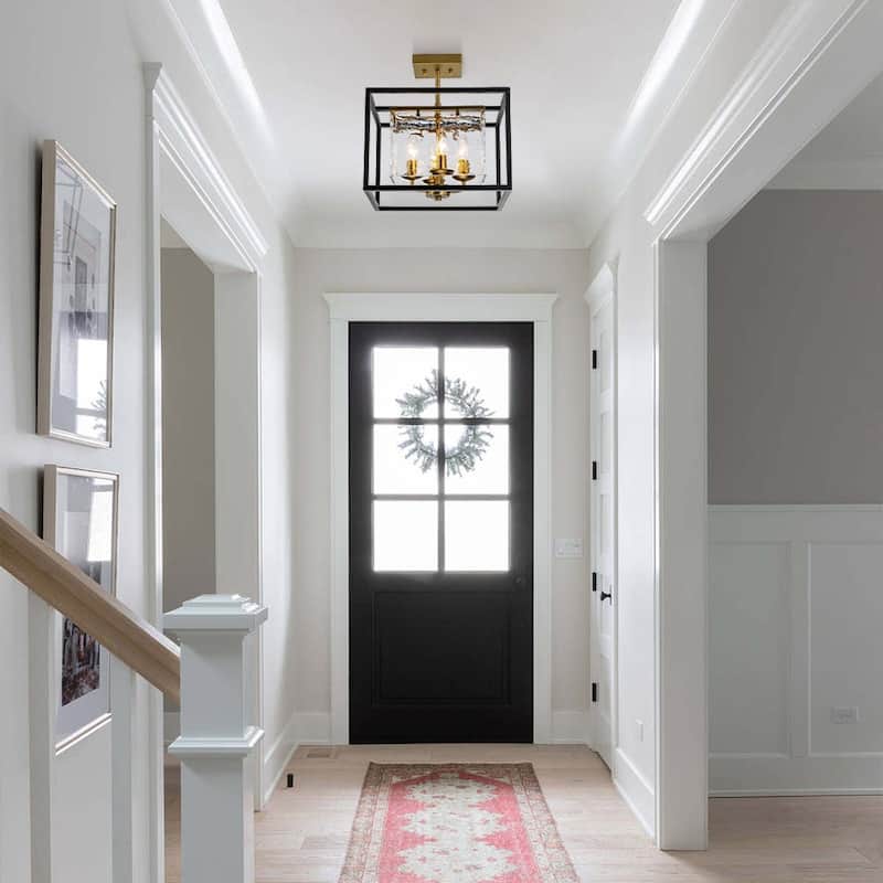 4-Light Modern Ice Glass Black and Brass Tiered Semi-flush Mount - 14.0in