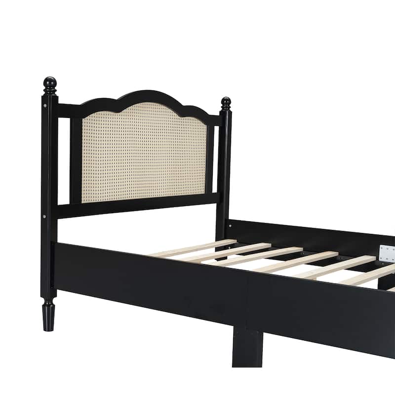 Queen/Full Size Wood Platform Bed with Natural Rattan Headboard, Vintage Bed Frame