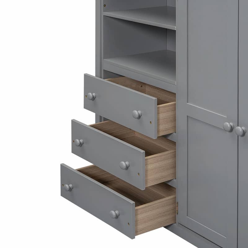 Full Size Loft Bed with Wardrobe, Desk, Storage Shelves, and Drawers