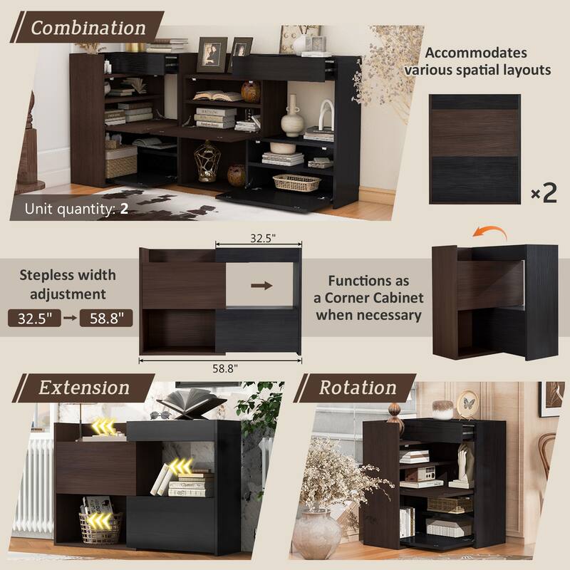 Retractable Corner Bookcase Set of 2 Wood Storage Cabinet, Buffet Sideboard w/ Drawer for Living Room, Entryway, Kitchen, Office