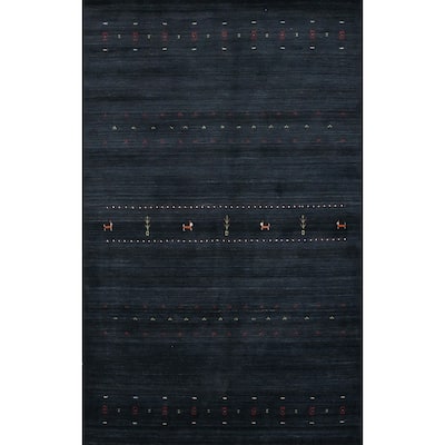 Hand Knotted Oriental 100% Wool Carpet Tribal Animal Pictorial Navy Blue & Blues Gabbeh Area Rug - 8' 0'' X 5' 7''