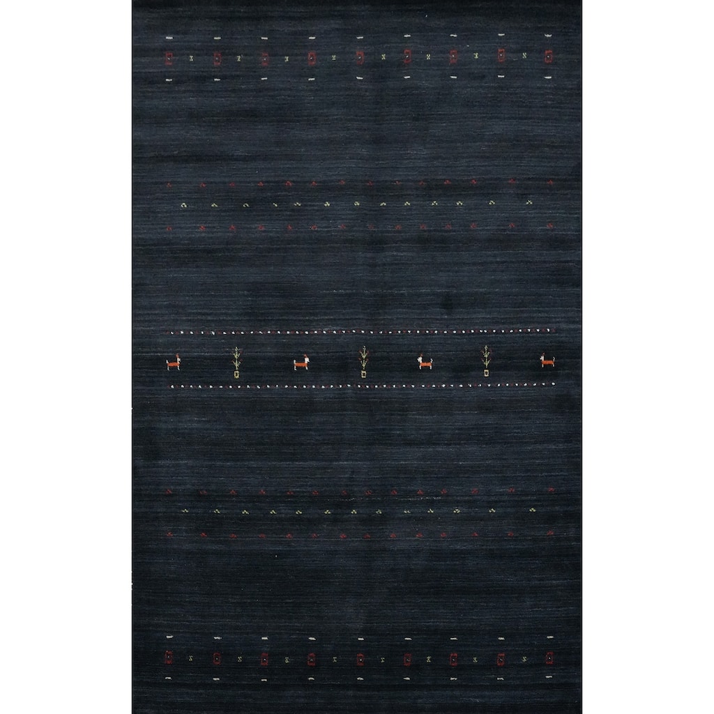 Hand Knotted Oriental 100% Wool Carpet Tribal Animal Pictorial Navy Blue & Blues Gabbeh Area Rug - 8' 0'' X 5' 7''