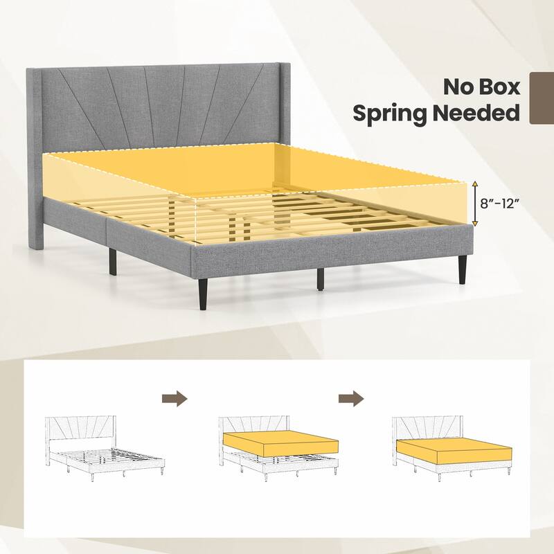 Bed Frame with Linen Upholstered Wingback Headboard
