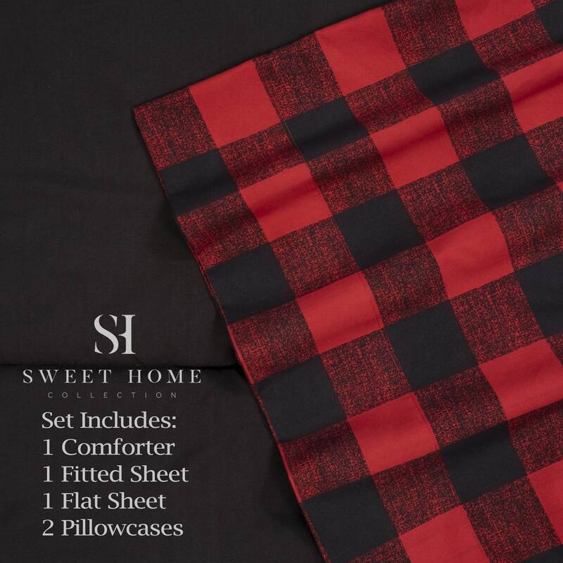 Sweet Home Collection Burgundy Black Buffalo Check Sheet & Solid Black Comforter Set