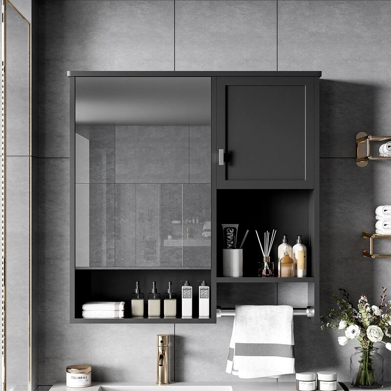 29" x 28" Over The Toilet Bathroom Storage Cabinet with Towel Bar Wall Mirror Cabinet with Closed Cupboard and Open Shelf